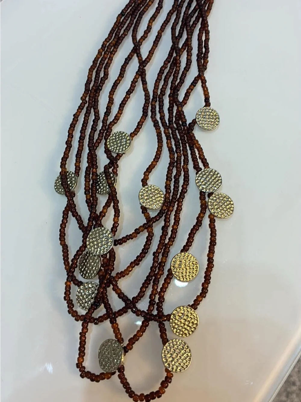 Multi-Strand Brown Beaded Necklace with Gold Discs - Women Jewelry